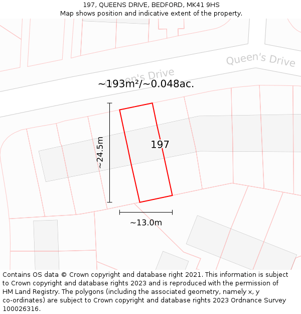 197, QUEENS DRIVE, BEDFORD, MK41 9HS: Plot and title map