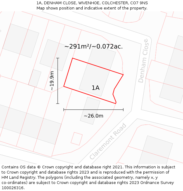 1A, DENHAM CLOSE, WIVENHOE, COLCHESTER, CO7 9NS: Plot and title map