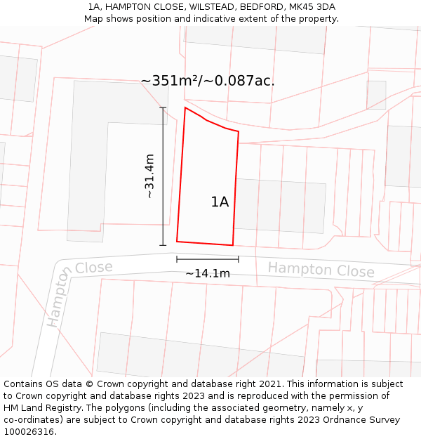 1A, HAMPTON CLOSE, WILSTEAD, BEDFORD, MK45 3DA: Plot and title map