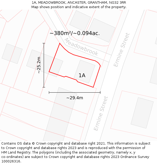 1A, MEADOWBROOK, ANCASTER, GRANTHAM, NG32 3RR: Plot and title map