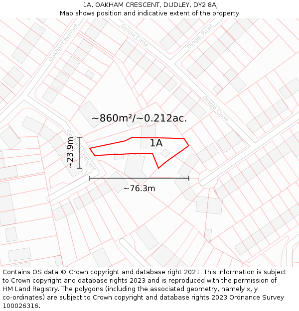 1A, OAKHAM CRESCENT, DUDLEY, DY2 8AJ: Plot and title map