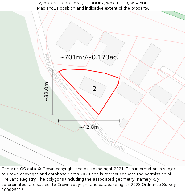 2, ADDINGFORD LANE, HORBURY, WAKEFIELD, WF4 5BL: Plot and title map