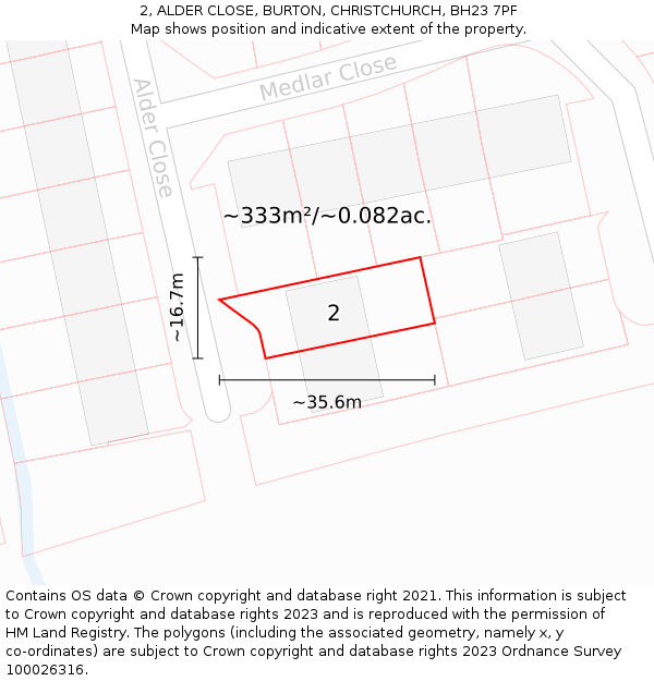 2, ALDER CLOSE, BURTON, CHRISTCHURCH, BH23 7PF: Plot and title map