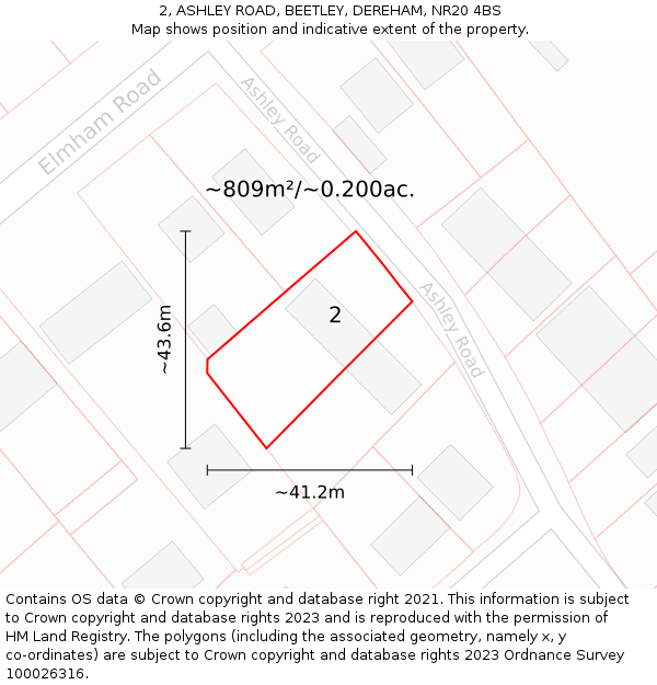 2, ASHLEY ROAD, BEETLEY, DEREHAM, NR20 4BS: Plot and title map