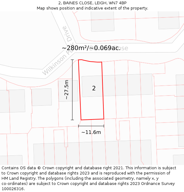2, BAINES CLOSE, LEIGH, WN7 4BP: Plot and title map