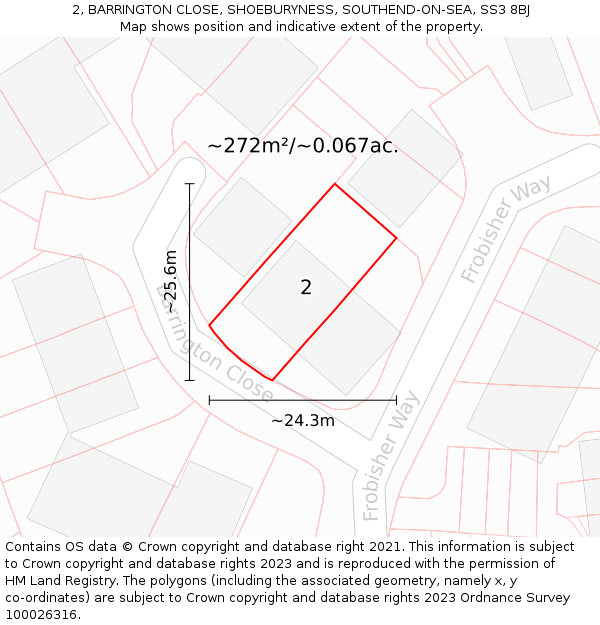 2, BARRINGTON CLOSE, SHOEBURYNESS, SOUTHEND-ON-SEA, SS3 8BJ: Plot and title map
