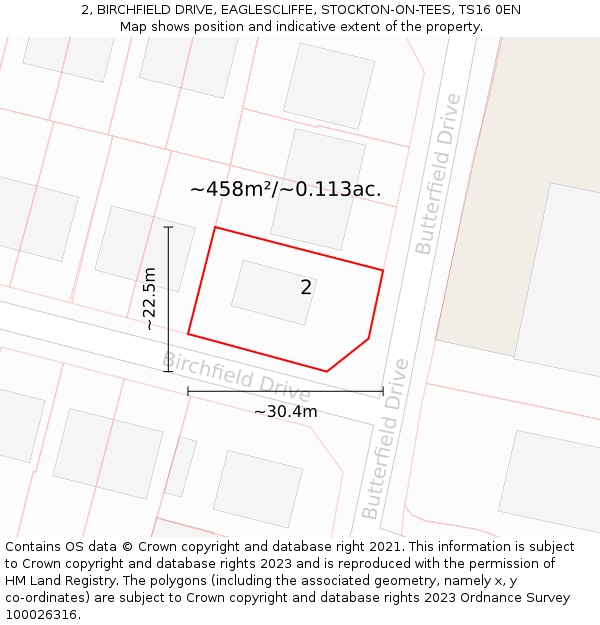 2, BIRCHFIELD DRIVE, EAGLESCLIFFE, STOCKTON-ON-TEES, TS16 0EN: Plot and title map