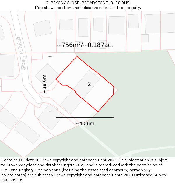 2, BRYONY CLOSE, BROADSTONE, BH18 9NS: Plot and title map
