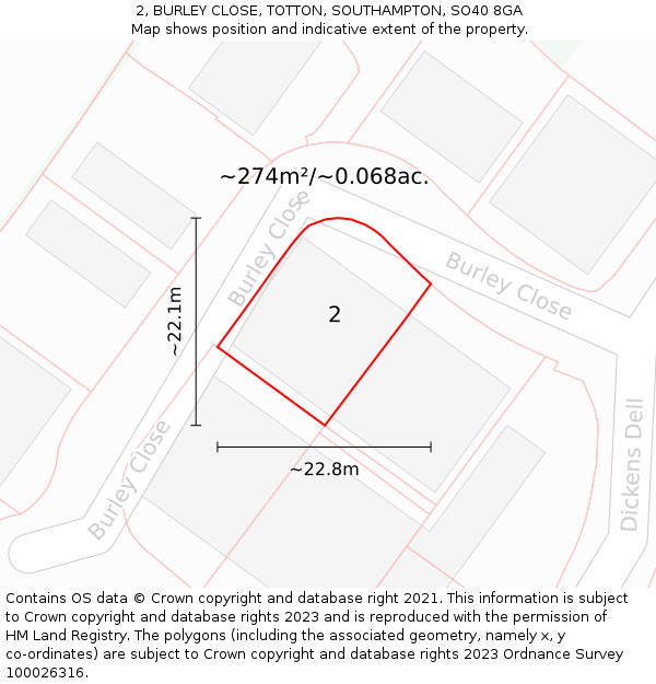 2, BURLEY CLOSE, TOTTON, SOUTHAMPTON, SO40 8GA: Plot and title map