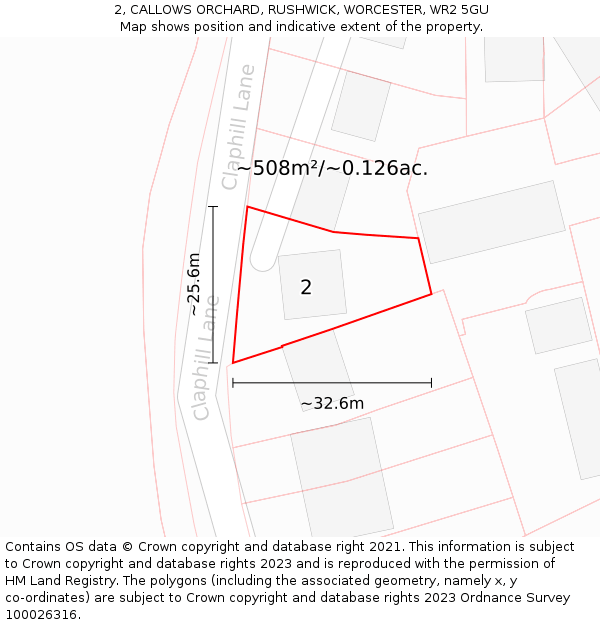 2, CALLOWS ORCHARD, RUSHWICK, WORCESTER, WR2 5GU: Plot and title map