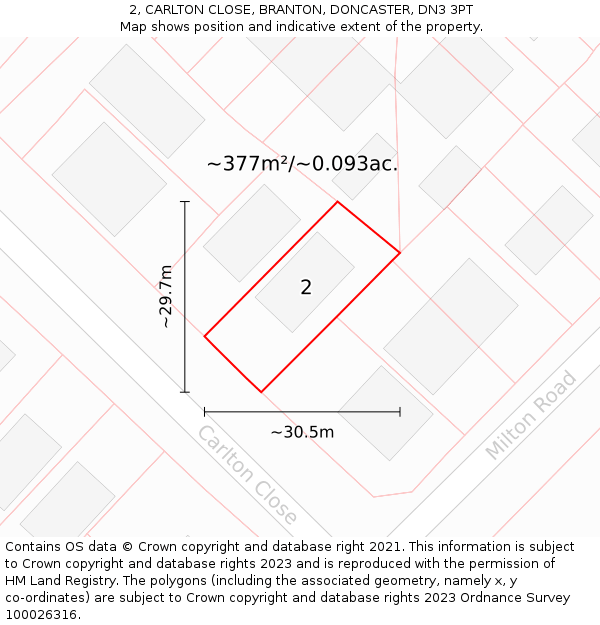 2, CARLTON CLOSE, BRANTON, DONCASTER, DN3 3PT: Plot and title map