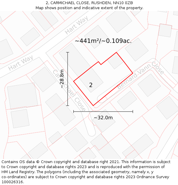 2, CARMICHAEL CLOSE, RUSHDEN, NN10 0ZB: Plot and title map