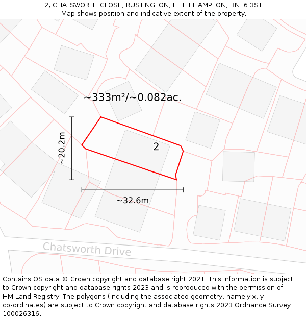 2, CHATSWORTH CLOSE, RUSTINGTON, LITTLEHAMPTON, BN16 3ST: Plot and title map