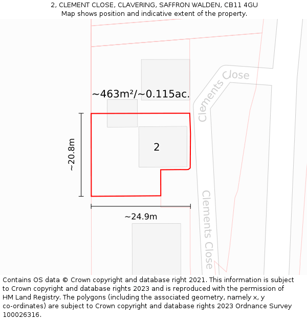 2, CLEMENT CLOSE, CLAVERING, SAFFRON WALDEN, CB11 4GU: Plot and title map