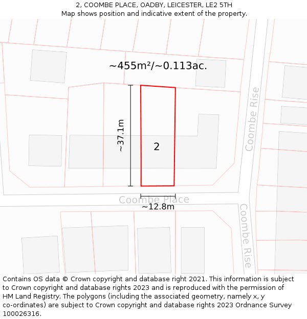 2, COOMBE PLACE, OADBY, LEICESTER, LE2 5TH: Plot and title map