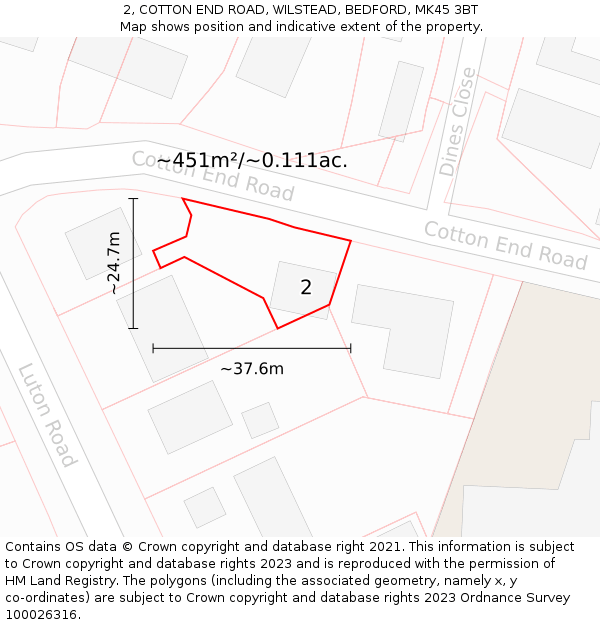 2, COTTON END ROAD, WILSTEAD, BEDFORD, MK45 3BT: Plot and title map