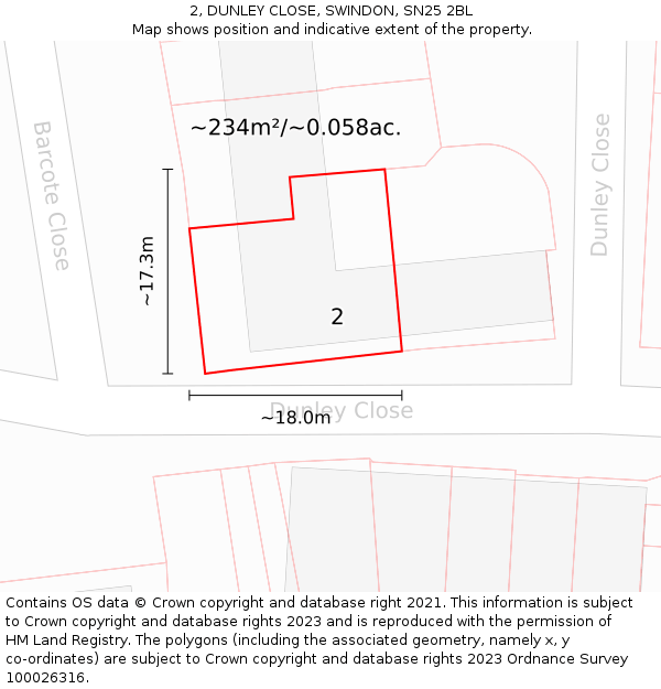 2, DUNLEY CLOSE, SWINDON, SN25 2BL: Plot and title map