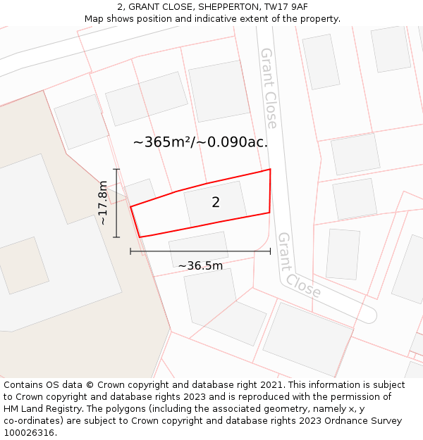 2, GRANT CLOSE, SHEPPERTON, TW17 9AF: Plot and title map