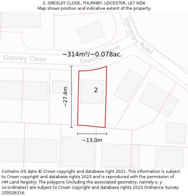 2, GRESLEY CLOSE, THURNBY, LEICESTER, LE7 9QW: Plot and title map