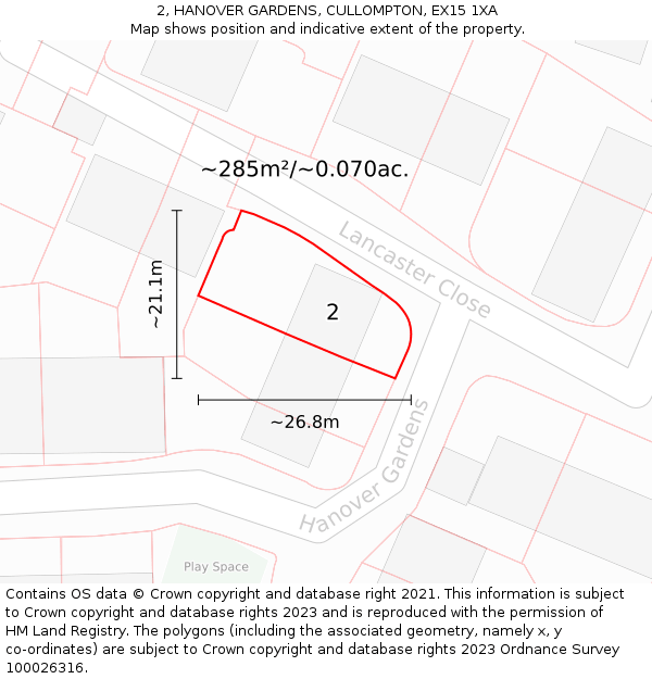 2, HANOVER GARDENS, CULLOMPTON, EX15 1XA: Plot and title map