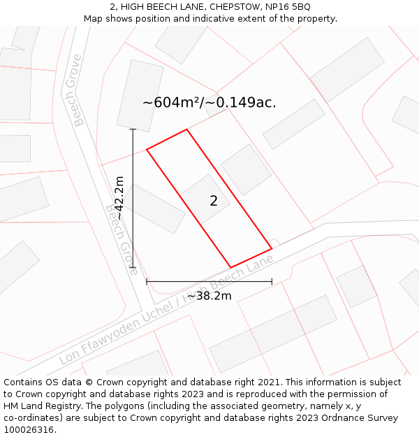 2, HIGH BEECH LANE, CHEPSTOW, NP16 5BQ: Plot and title map