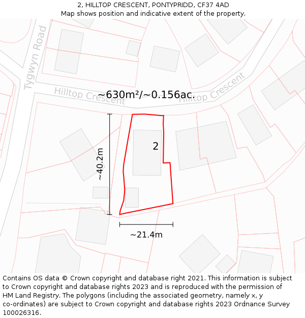 2, HILLTOP CRESCENT, PONTYPRIDD, CF37 4AD: Plot and title map