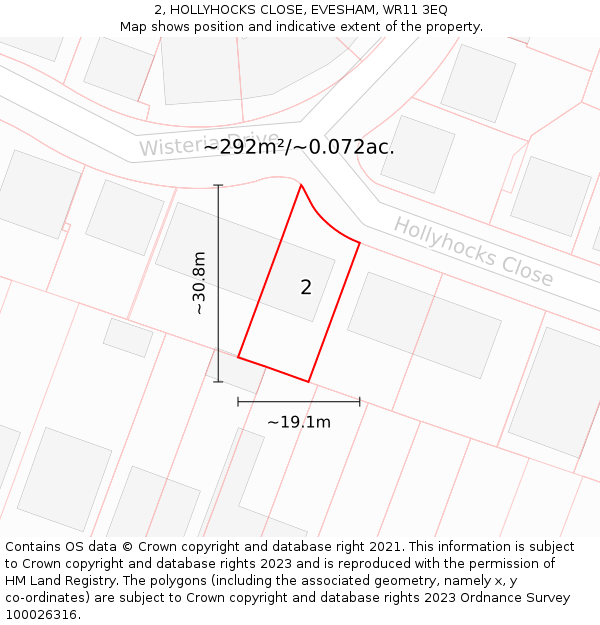 2, HOLLYHOCKS CLOSE, EVESHAM, WR11 3EQ: Plot and title map