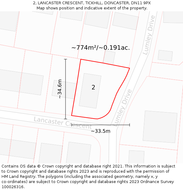 2, LANCASTER CRESCENT, TICKHILL, DONCASTER, DN11 9PX: Plot and title map