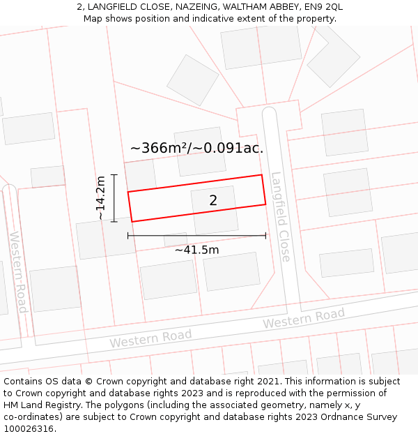 2, LANGFIELD CLOSE, NAZEING, WALTHAM ABBEY, EN9 2QL: Plot and title map