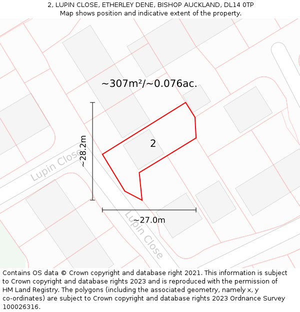 2, LUPIN CLOSE, ETHERLEY DENE, BISHOP AUCKLAND, DL14 0TP: Plot and title map