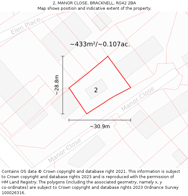2, MANOR CLOSE, BRACKNELL, RG42 2BA: Plot and title map