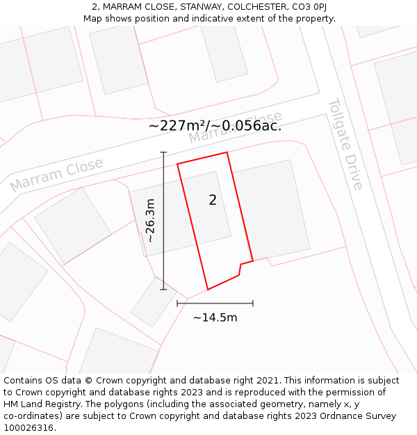 2, MARRAM CLOSE, STANWAY, COLCHESTER, CO3 0PJ: Plot and title map