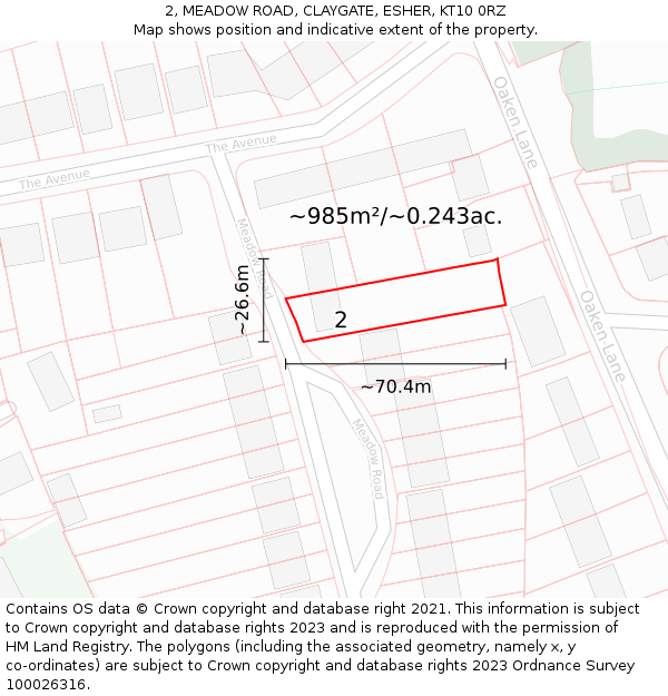 2, MEADOW ROAD, CLAYGATE, ESHER, KT10 0RZ: Plot and title map