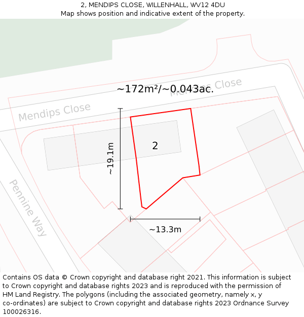 2, MENDIPS CLOSE, WILLENHALL, WV12 4DU: Plot and title map