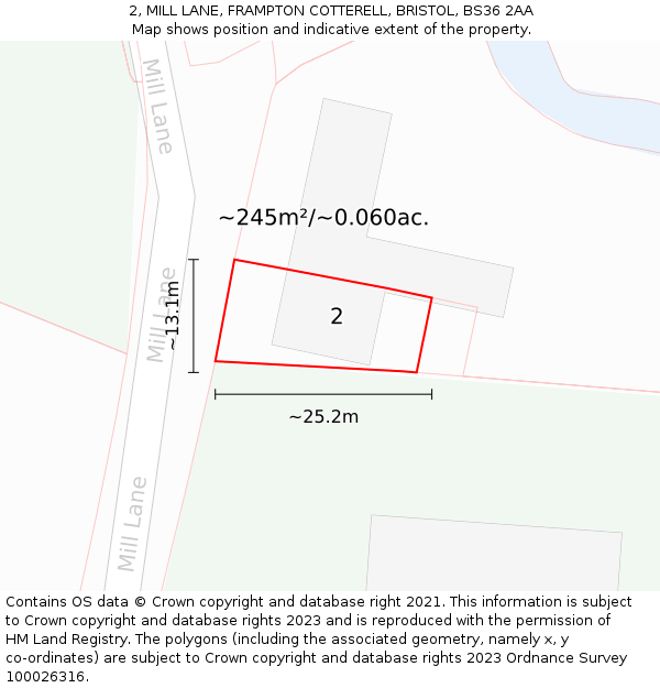 2, MILL LANE, FRAMPTON COTTERELL, BRISTOL, BS36 2AA: Plot and title map