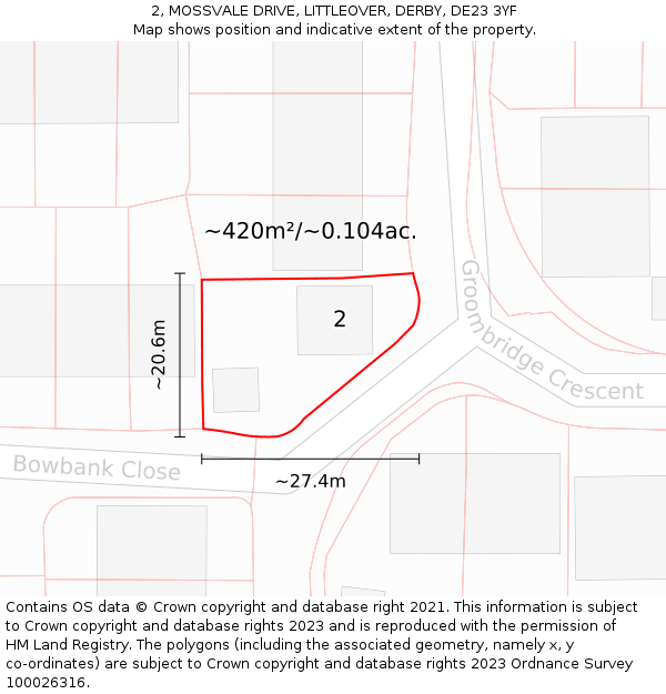2, MOSSVALE DRIVE, LITTLEOVER, DERBY, DE23 3YF: Plot and title map