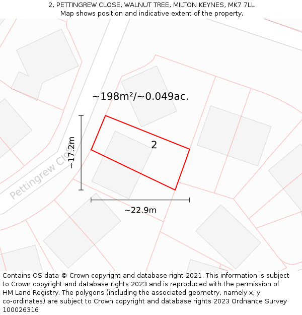 2, PETTINGREW CLOSE, WALNUT TREE, MILTON KEYNES, MK7 7LL: Plot and title map