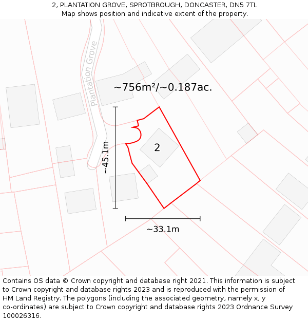 2, PLANTATION GROVE, SPROTBROUGH, DONCASTER, DN5 7TL: Plot and title map