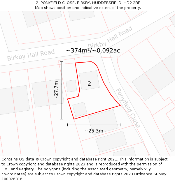 2, PONYFIELD CLOSE, BIRKBY, HUDDERSFIELD, HD2 2BF: Plot and title map
