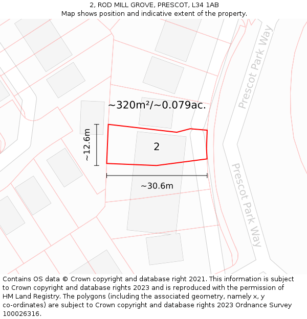 2, ROD MILL GROVE, PRESCOT, L34 1AB: Plot and title map