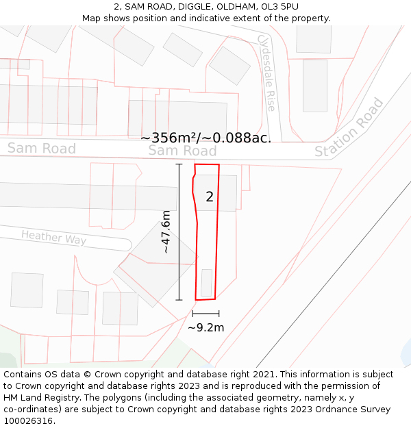 2, SAM ROAD, DIGGLE, OLDHAM, OL3 5PU: Plot and title map