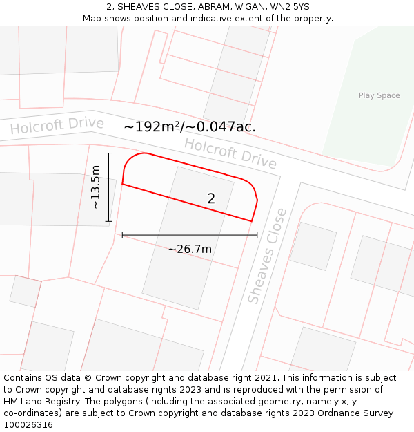 2, SHEAVES CLOSE, ABRAM, WIGAN, WN2 5YS: Plot and title map
