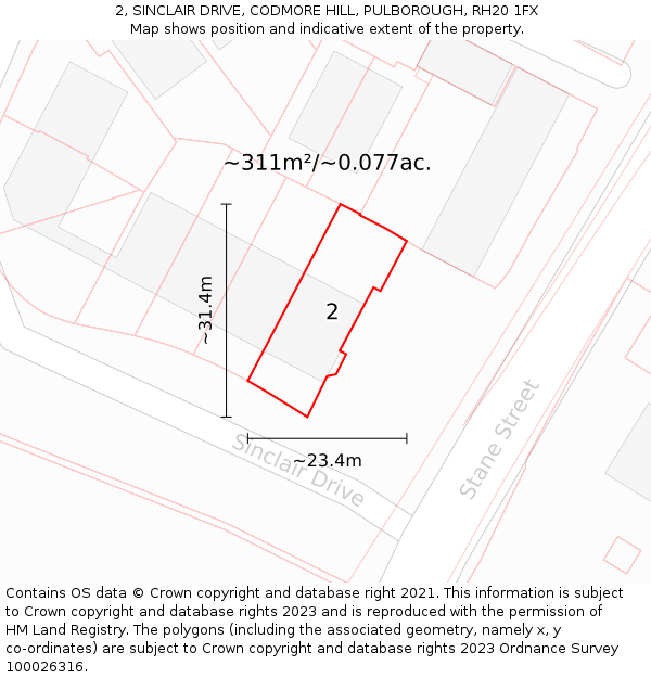 2, SINCLAIR DRIVE, CODMORE HILL, PULBOROUGH, RH20 1FX: Plot and title map