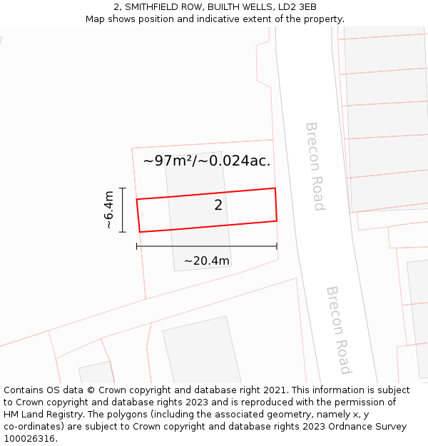 2, SMITHFIELD ROW, BUILTH WELLS, LD2 3EB: Plot and title map