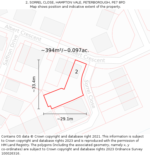 2, SORREL CLOSE, HAMPTON VALE, PETERBOROUGH, PE7 8PD: Plot and title map