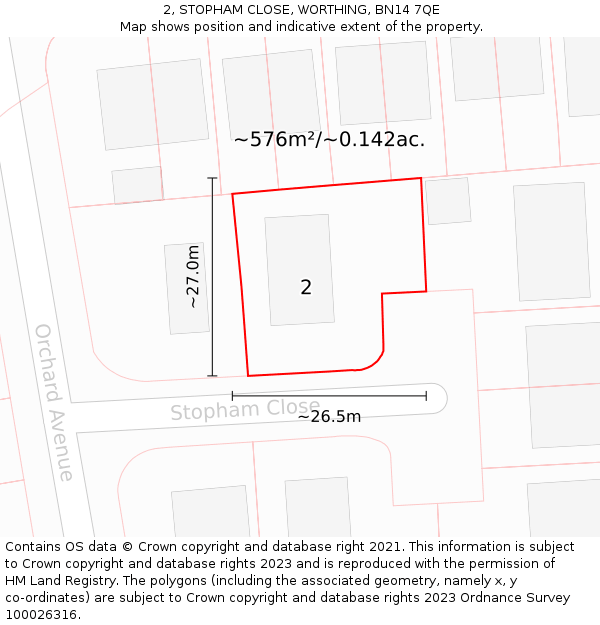 2, STOPHAM CLOSE, WORTHING, BN14 7QE: Plot and title map