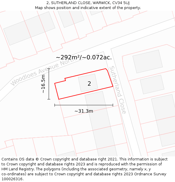 2, SUTHERLAND CLOSE, WARWICK, CV34 5UJ: Plot and title map