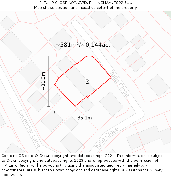 2, TULIP CLOSE, WYNYARD, BILLINGHAM, TS22 5UU: Plot and title map