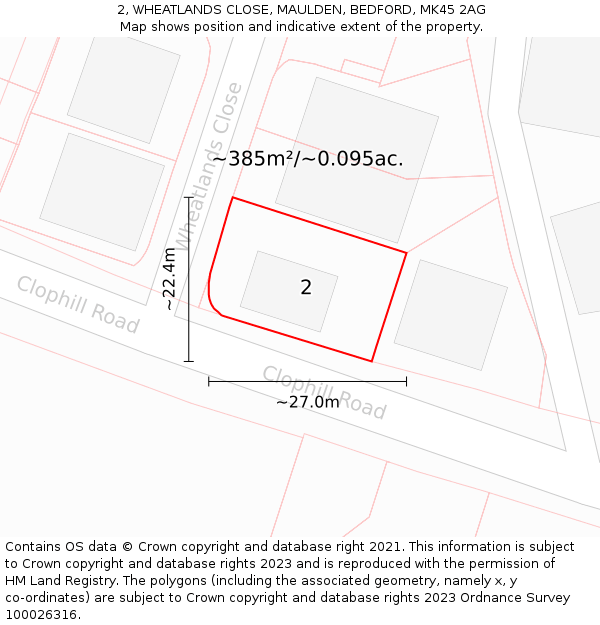 2, WHEATLANDS CLOSE, MAULDEN, BEDFORD, MK45 2AG: Plot and title map