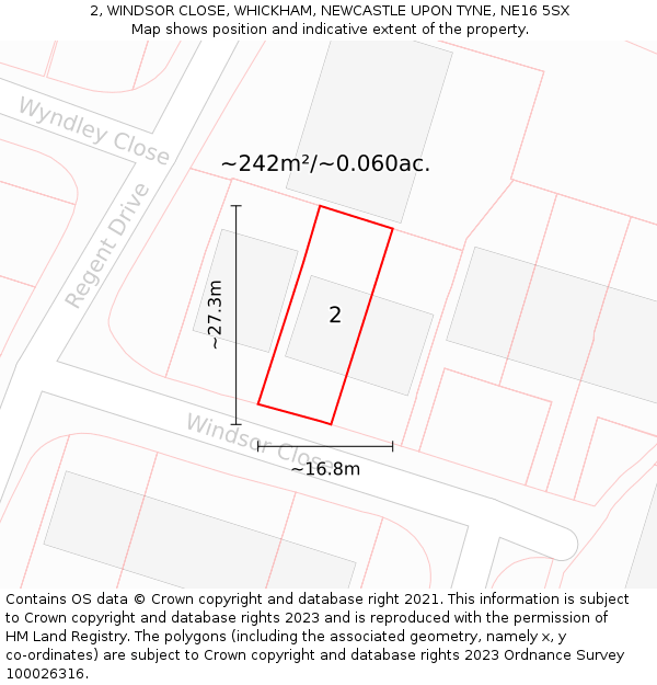 2, WINDSOR CLOSE, WHICKHAM, NEWCASTLE UPON TYNE, NE16 5SX: Plot and title map